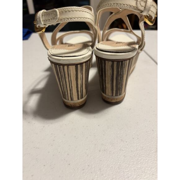 Prada Wedge Sandals 38 Beige Brown Wooden Leather Wedge Platform Slingback - Picture 6 of 12